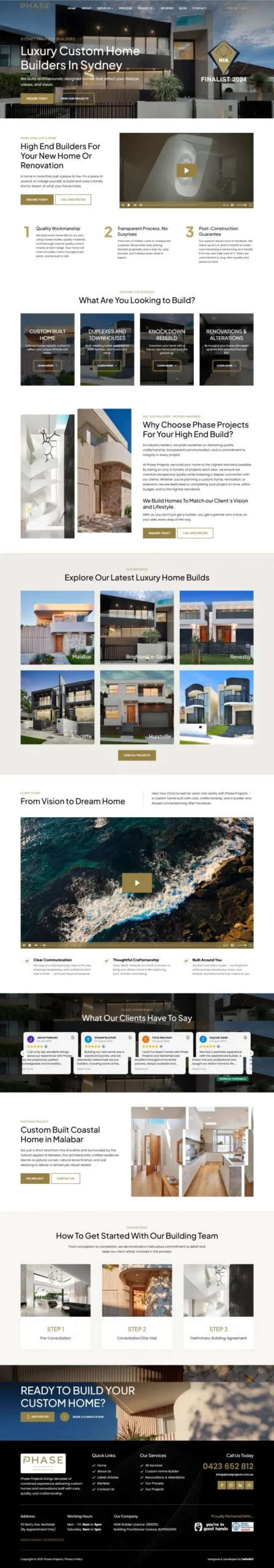 Phase Projects luxury home builder website homepage